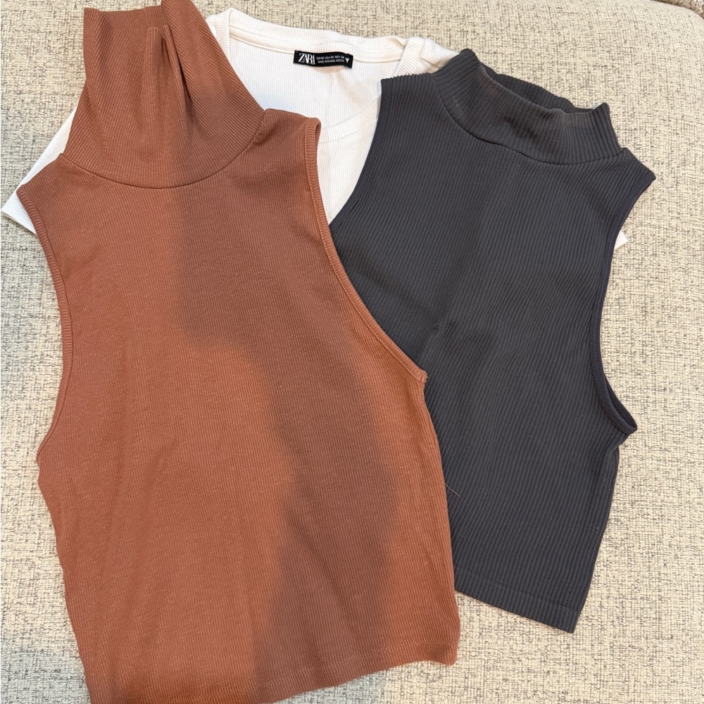 Zara Women's Ribbed Tank Tops - Tan/Brown, Gray, and White